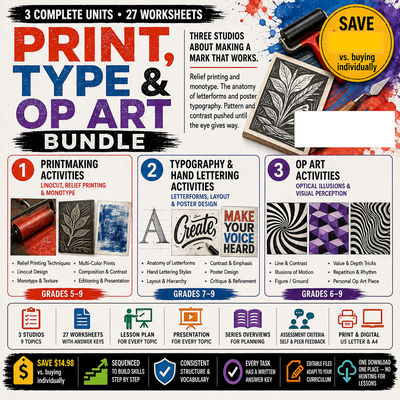 Print, Type & Op Art Bundle | Printmaking, Lettering & Optical Illusions | 3 Art Studios | Grades 5–9