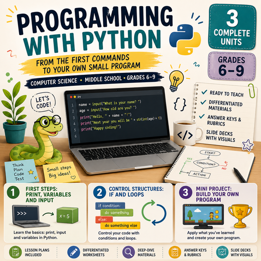 Programming with Python – Computer Science Unit: Worksheets, Projects & Slides (Grades 6–9)