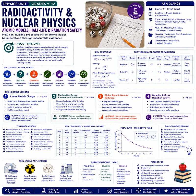 Radioactivity & Nuclear Physics | Atomic Models, Half-Life & Radiation Safety | Physics Unit | Grades 9–12