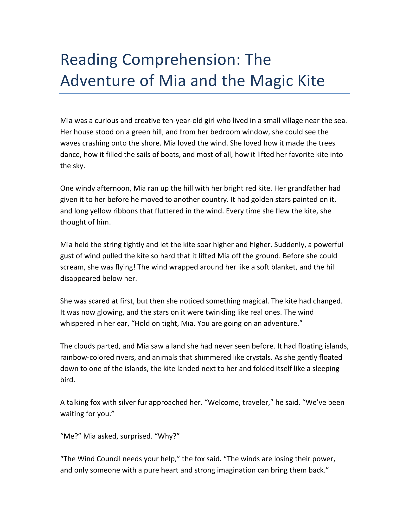 Mia and the Magic Kite (Story + Questions) - Grade 5 Reading Comprehension
