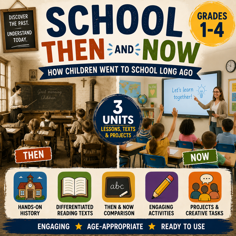 School Then and Now Unit – Worksheets, Projects & Slides (Grades 1–4)