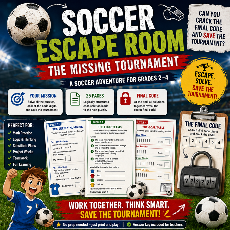 Printable soccer escape room for Grades 2–4 featuring math puzzles, tournament tables, logic challenges, match schedules, teamwork activities and a final escape code.