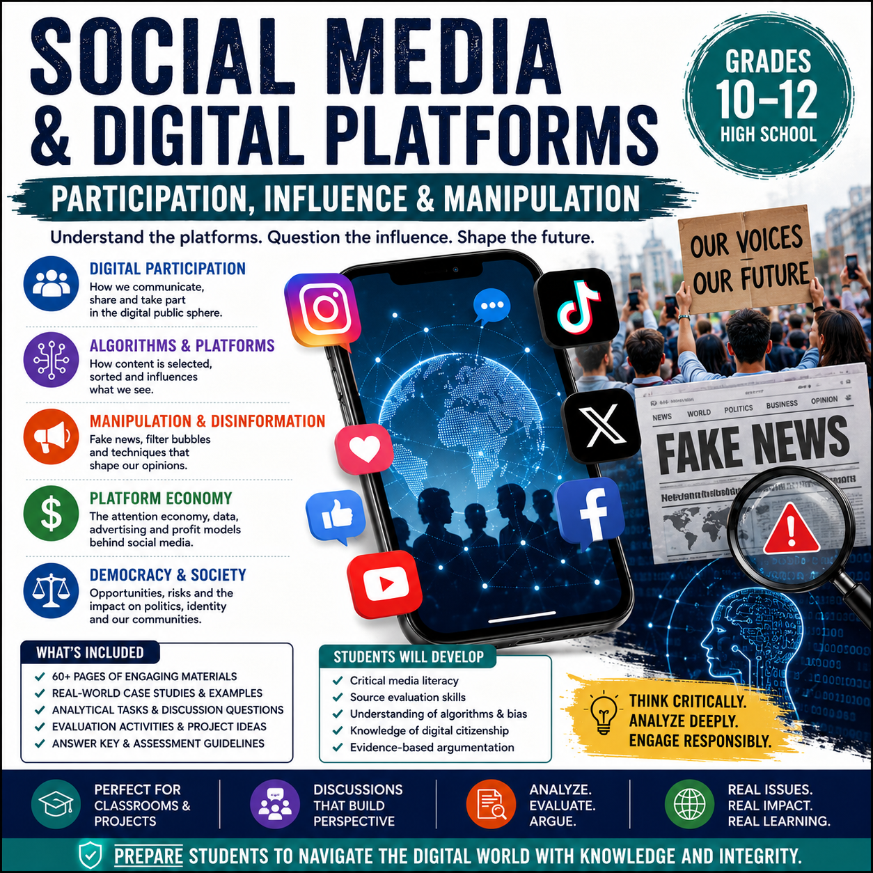Modern educational infographic illustrating social media platforms, digital communication, algorithms, civic participation, media literacy, and online information networks.