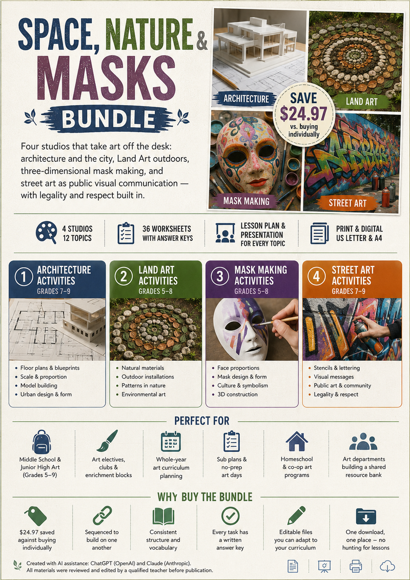 Space, Nature & Masks Bundle | Architecture, Land Art, Mask Making & Street Art | 4 Art Studios | Grades 5–9
