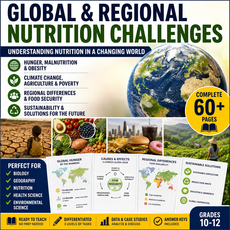 Global and Regional Nutrition Challenges High School Biology Climate Change Sustainable Agriculture Global Food Systems Nutrition Education Geography Environmental Science Educational Infographic Grades 10–12