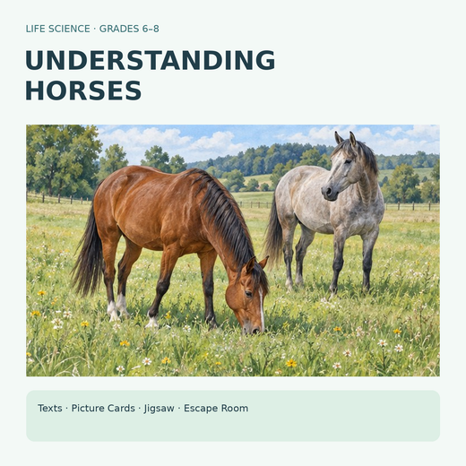 Understanding Horses: Jigsaw, Picture Cards & Escape Room | Horse Needs, Behavior & Animal Welfare | Life Science Unit | Grades 6–8