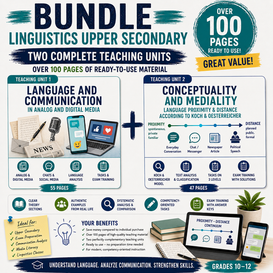 Educational bundle cover for Grades 10–12 featuring digital communication, media literacy, conceptuality, mediality, Koch and Oesterreicher, language proximity and distance, and advanced linguistic analysis.