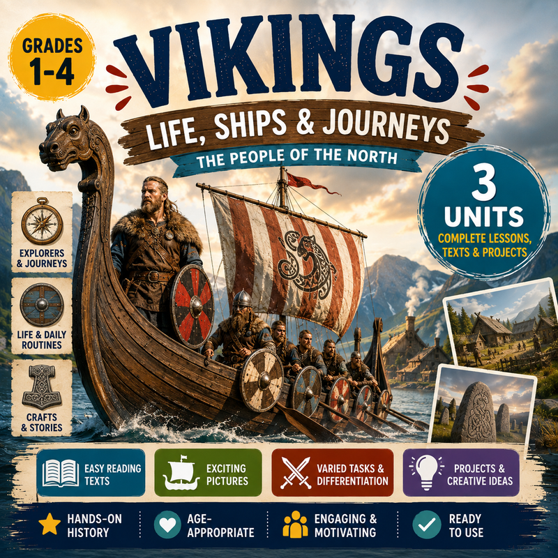 Vikings: Life, Ships & Journeys Unit – Worksheets, Projects & Slides (Grades 1–4)