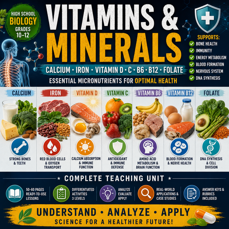 Comprehensive High School Biology resource featuring vitamins, minerals, calcium, iron, vitamin D, vitamin C, vitamin B6, vitamin B12, folate, nutrition, and human physiology.