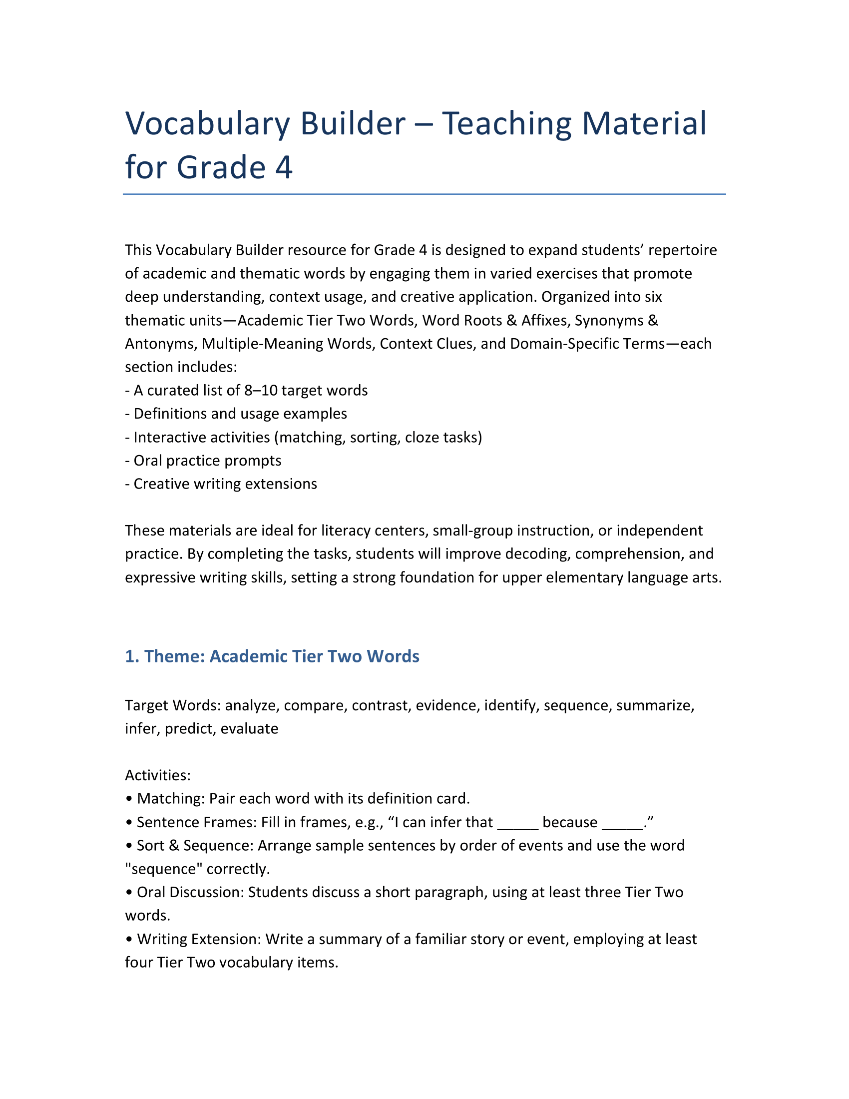 English Vocabulary Trainer – Grade 4 | 6 Topics & Activities