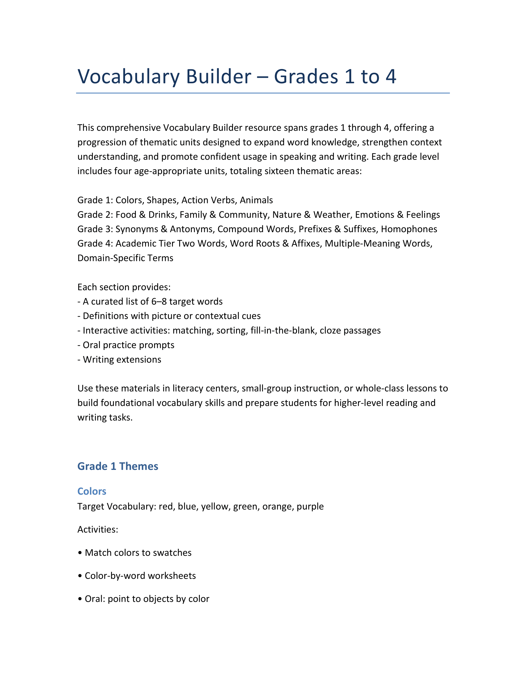 Free Vocabulary Trainer Pack – Grades 1–4 | Core ESL Topics