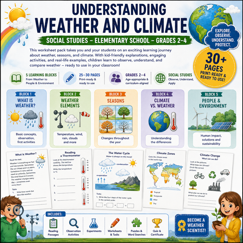 Printable Weather and Climate Worksheets for Grades 2–4 featuring weather observations, seasons, water cycle, climate zones, climate change, science experiments and engaging elementary classroom activities.