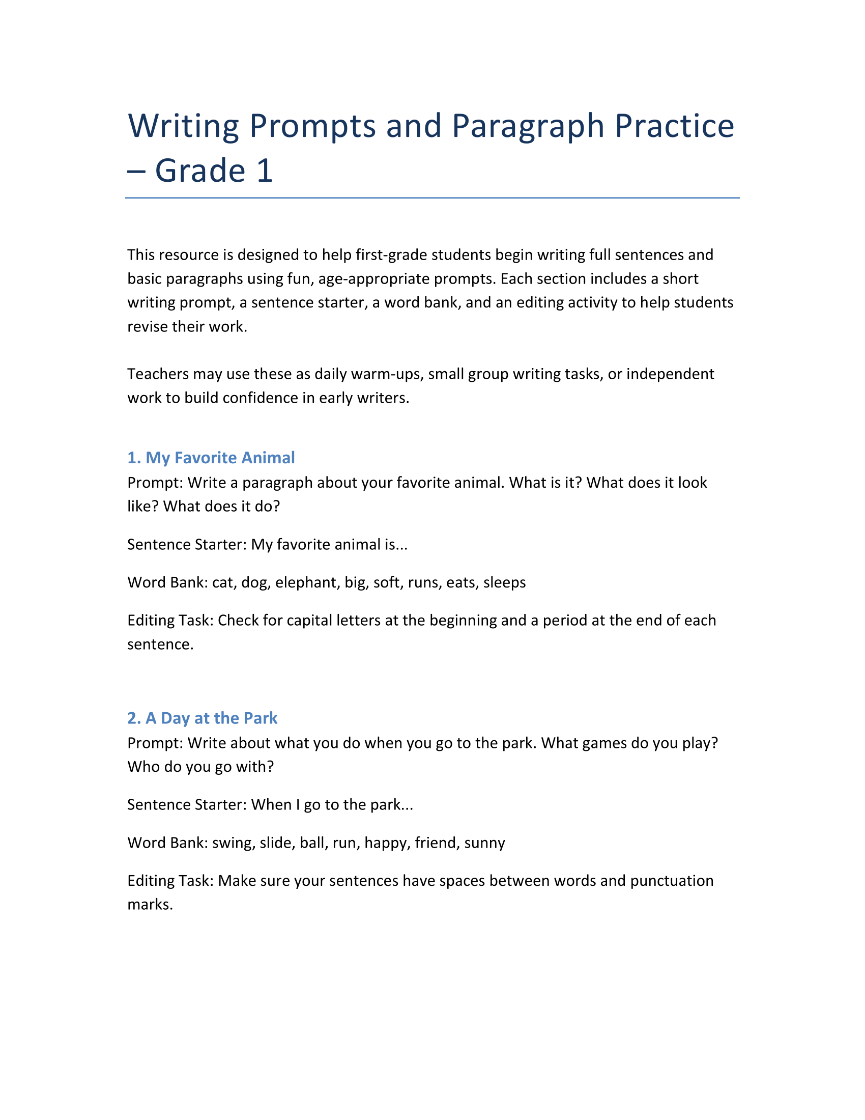 Grade 1 Writing Prompts – Sentence Practice & Story Starters