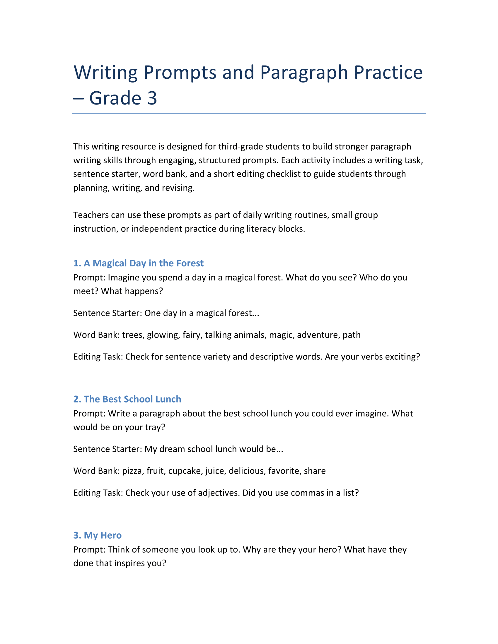 Grade 3 Creative Writing – Structured Prompts & Story Starters