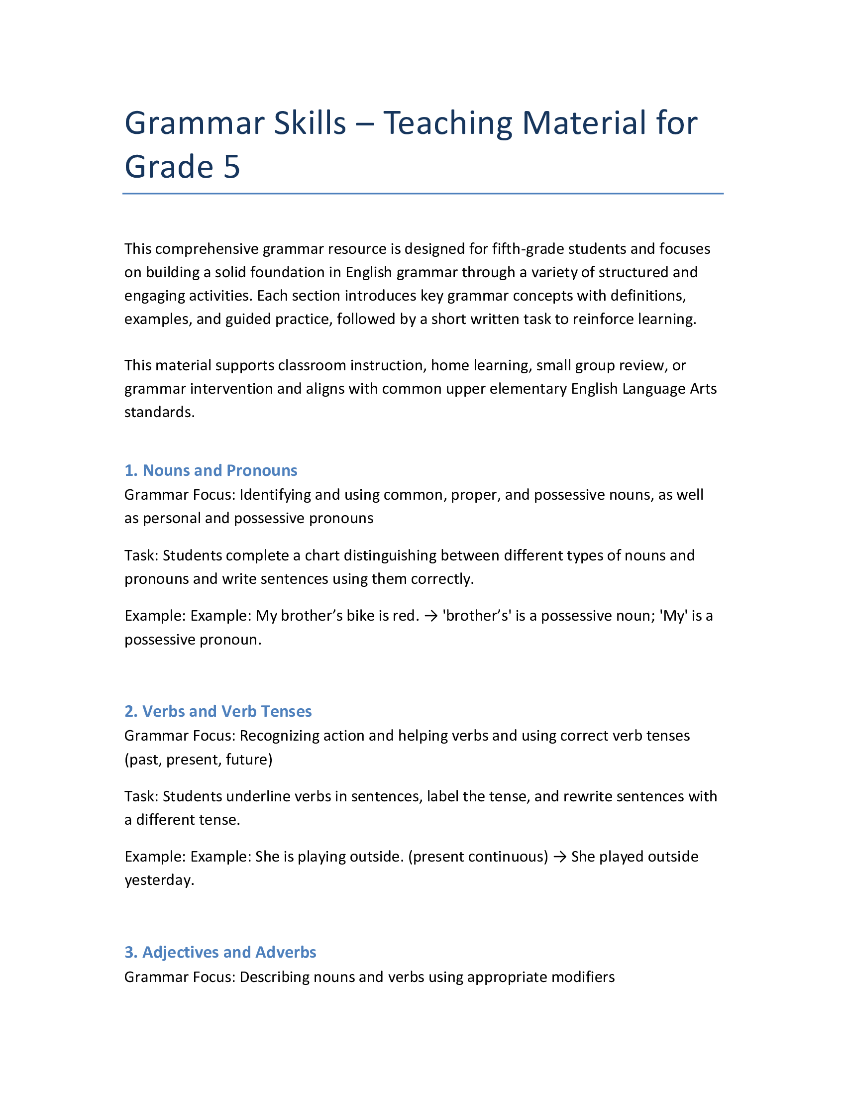 Grade 5 English Grammar – Parts of Speech, Sentence Types & Punctuation
