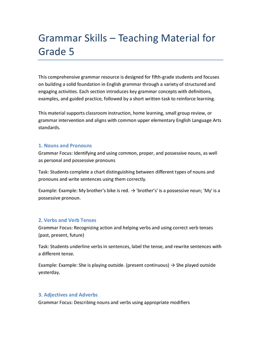 Grade 5 English Grammar – Parts of Speech, Sentence Types & Punctuation