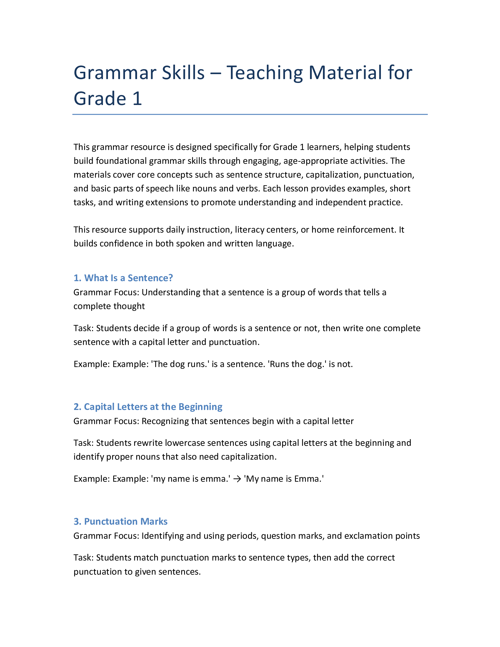 English Grammar Grade 1 – Sentences, Nouns, Verbs & Punctuation