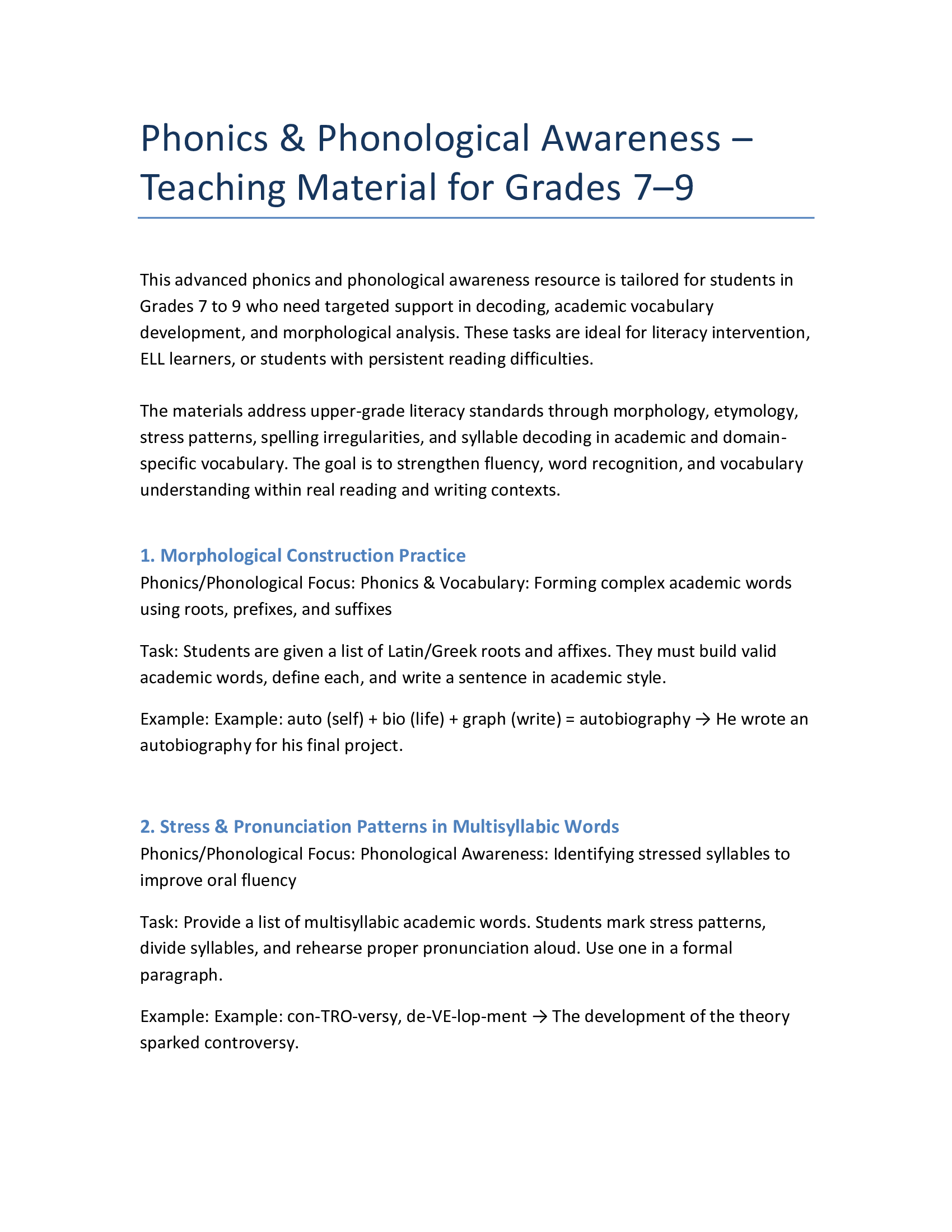Phonics & Sound Awareness – English Grades 7–9 Practice Pack